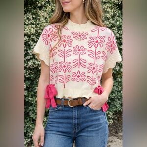 Cream Pink Floral Knit Top Scalloped Hem Cottagecore Boho Small Viral Style